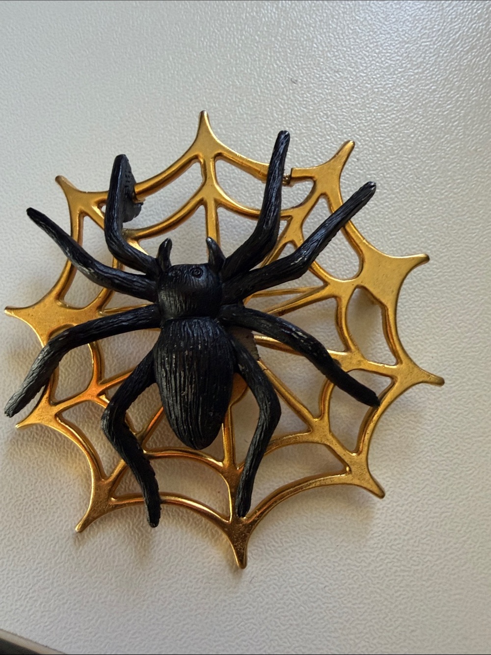 Decorative Black Spider on Gold Web Wall Brooch